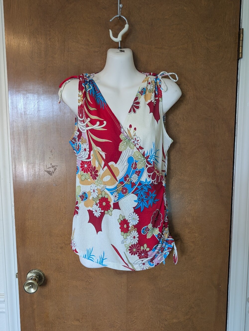 Vtg Y2K Fresh Wear Cream Red Asian Inspired Faux Wrap Side Ruched Top Blouse